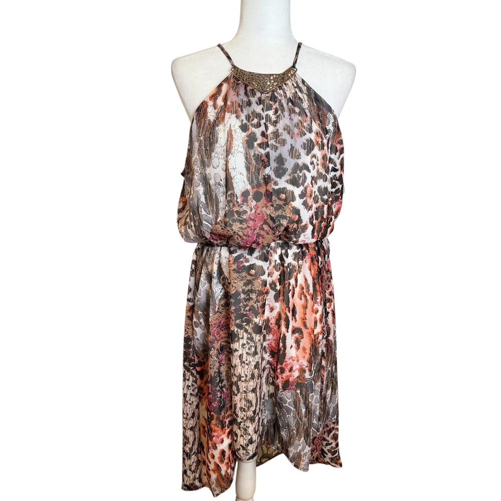 Luxology Halter High Low Midi Dress XL Animal Print Chiffon Lined Made USA